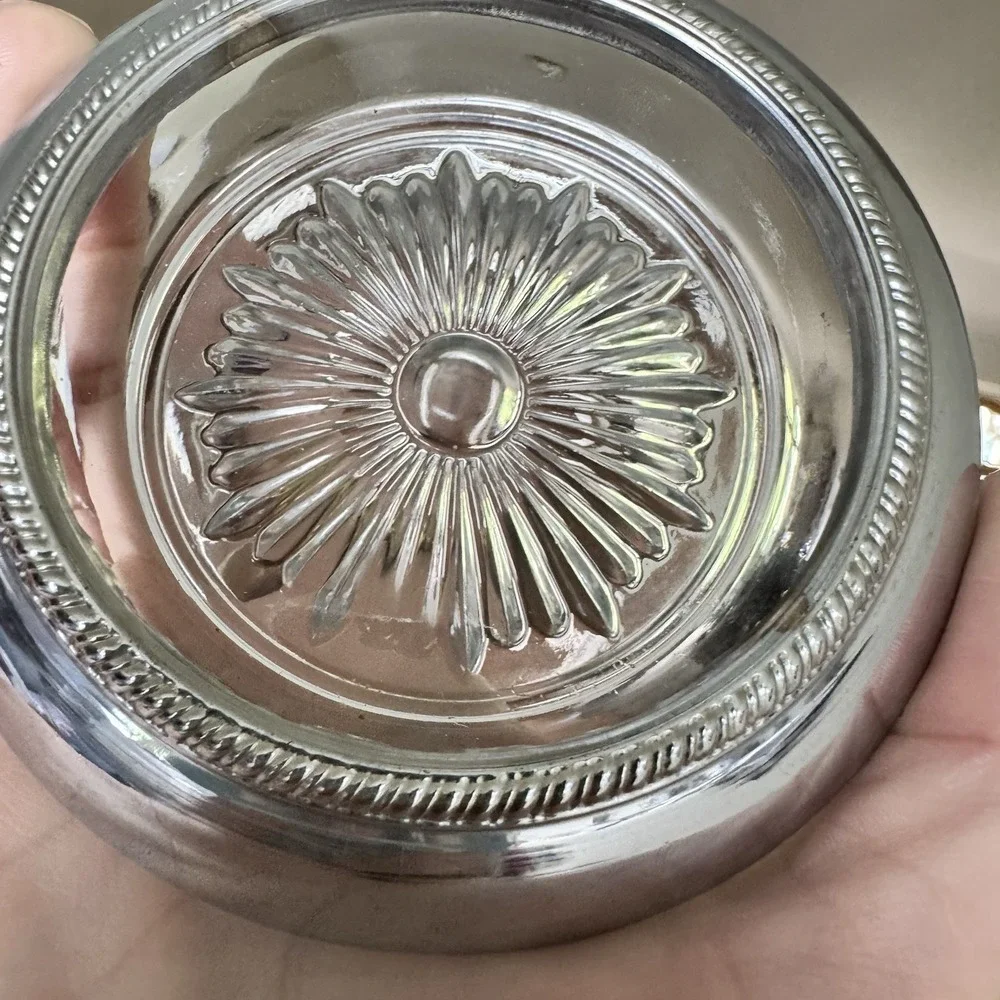 4 Vintage Leonard Old Crystal Glass Drink Coasters Made In Italy Silver Plated